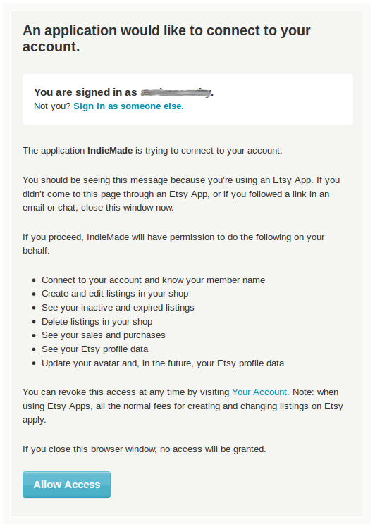 Etsy allow access screen